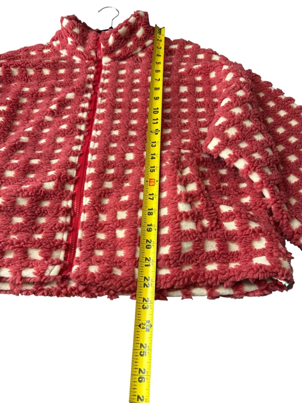 Textured Grid Checkered Sherpa Zip Jacket Pink Cream Oversized Cozy Cropped, L - Picture 8 of 15